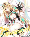  1girl anniversary bangs blonde_hair breasts circlet cleavage elbow_gloves gloves hikouki_(umiko003) large_breasts long_hair looking_at_viewer mythra_(xenoblade) open_hand open_mouth solo thigh_strap thighs very_long_hair xenoblade_chronicles_(series) xenoblade_chronicles_2 yellow_eyes 