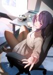  1girl black_pantyhose book chair desk highres long_hair long_sleeves looking_at_viewer okeno_kamoku open_mouth original pantyhose purple_eyes purple_hair signature sitting sweater teeth 