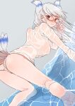  1girl all_fours barefoot bird_tail breasts feet glasses head_wings heidimarie_w._schnaufer highres ika_(hinatu1992) large_breasts long_hair looking_at_viewer no_bra panties red_eyes shirt solo strike_witches tail underwear water wet wet_clothes wet_panties wet_shirt white_hair white_panties white_shirt world_witches_series 