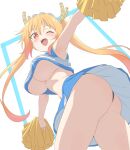  1girl ;d absurdres alternate_costume ass black_panties blonde_hair breasts cheerleader dragon_girl dragon_horns highres holding holding_pom_poms horns kobayashi-san_chi_no_maidragon large_breasts looking_at_viewer no_bra one_eye_closed open_mouth panties pom_pom_(cheerleading) red_eyes revision sincos slit_pupils smile solo tohru_(maidragon) twintails underboob underwear 