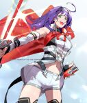  1girl 91007 ahoge bare_shoulders belt blue_hair breasts detached_sleeves fingerless_gloves fire_emblem fire_emblem:_path_of_radiance fire_emblem_heroes gloves green_eyes hairband headband highres long_hair looking_at_viewer mia_(fire_emblem) open_mouth purple_hair smile solo sword thighhighs weapon white_hairband 