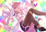  1girl absurdres animal_ears black_footwear cat cat_ears cat_girl hakui_koyori high_heels highres hololive long_hair long_sleeves looking_at_viewer lucy_(rusi-juren328) midriff navel one_eye_closed open_mouth pink_hair skirt star_(symbol) virtual_youtuber wide_sleeves 