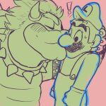  1:1 blush bowser clothing collar duo exclamation_point facial_hair hi_res horn human jamejarrs kissing koopa luigi male male/male mammal mario_bros mustache nintendo overalls scalie size_difference spiked_collar spikes video_games 