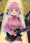  1girl ahoge bangs blue_hair blush bocchi_the_rock! breasts colored_inner_hair cosplay crying electric_guitar embarrassed gotou_hitori gotou_hitori_(cosplay) guitar highres holding holding_instrument hololive instrument jacket large_breasts long_hair looking_at_viewer minato_aqua mochiko_(mocchikkoo) multicolored_hair open_mouth pink_hair pink_jacket pink_track_suit purple_hair solo_focus speech_bubble spotlight streaked_hair sweat tearing_up tears track_jacket translation_request trembling two-tone_hair virtual_youtuber 