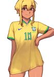  1girl 2022_fifa_world_cup absurdres arm_at_side bangs blonde_hair brazil brown_eyes commentary cowboy_shot dark-skinned_female dark_skin elf elfheim english_commentary hair_between_eyes hand_on_hip highres looking_at_viewer nil_sunna no_pants original pointy_ears shirt short_hair short_sleeves sidelocks simple_background smile solo sunna_(nilsunna) t-shirt white_background yellow_shirt 