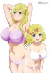  2girls absurdres armpits arms_up blonde_hair bra breasts cleavage enome esyne futoku_no_guild hair_ornament hairclip highres large_breasts looking_at_viewer looking_up magazine_scan megami_magazine multiple_girls navel official_art panties pink_bra pink_panties scan simple_background smile thighs underwear white_background white_bra white_panties 
