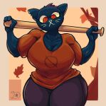  2022 absurd_res anthro baseball_bat bat_(object) big_breasts big_muscles blue_body blue_fur breasts cleavage clothed clothing curvy_figure digital_media_(artwork) domestic_cat dreamerknight eyelashes felid feline felis female fur hi_res hourglass_figure huge_hips huge_thighs looking_at_viewer mae_borowski mammal muscular muscular_female night_in_the_woods orange_eyes small_waist solo thick_thighs tight_clothing video_games whiskers wide_hips 