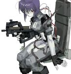  1girl breasts cleavage crop_top cyborg fingerless_gloves ghost_in_the_shell gloves gun highres holding holding_gun holding_weapon jacket kusanagi_motoko looking_at_viewer northdiiiio open_clothes open_jacket purple_hair red_eyes seat seatbelt short_hair sitting sketch trigger_discipline weapon white_background wire 