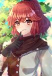  1girl anna_(fire_emblem) bangs black_gloves blue_sky blush brown_scarf buttons cloud commentary day edamameoka fire_emblem fire_emblem_engage gloves grin hair_between_eyes highres index_finger_raised long_hair looking_at_viewer outdoors ponytail red_eyes red_hair scarf sky smile solo tree upper_body 