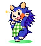  2020 animal_crossing apron apron_only blue_body clothing eulipotyphlan female fist guywiththepie hedgehog looking_at_viewer mabel_able mammal mostly_nude nintendo one_eye_closed pose raised_arm raised_fist simple_background smile solo video_games white_background wink winking_at_viewer 