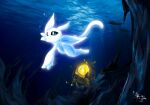  2022 algae anthro blue_eyes bubble digital_media_(artwork) diving guardian_fish guardian_spirit light microsoft orb ori ori_(series) ori_and_the_blind_forest ori_and_the_will_of_the_wisps rock signature solo underwater water white_body 