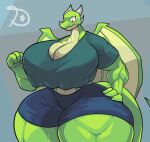  2022 anthro ari_(dreamerknight) big_breasts big_muscles blush bottomwear breasts cel_shading cleavage clothed clothing crop_top curvy_figure digital_media_(artwork) dragon dreamerknight female green_body green_scales hi_res horn huge_breasts huge_hips huge_muscles huge_thighs hyper hyper_breasts hyper_hips hyper_thighs membrane_(anatomy) membranous_wings muscular muscular_female muscular_thighs pupils scales scalie shaded shirt shorts slit_pupils small_waist solo thick_tail thick_thighs topwear voluptuous wide_hips wings yellow_eyes 