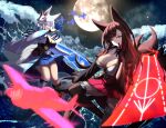  2girls absurdres aircraft akagi_(azur_lane) animal_ears azur_lane black_kimono blue_eyes blue_skirt breasts brown_gloves brown_hair brown_tail brown_thighhighs cleavage eyeliner flight_deck fox_ears fox_girl fox_mask fox_tail full_moon gloves highres japanese_clothes kaga_(azur_lane) kimono kitsune kyuubi large_breasts large_tail looking_at_viewer magic makeup mask metal_belt miniskirt moon multiple_girls multiple_tails night night_sky pleated_skirt red_eyeliner red_eyes red_skirt rigging sakuramon siorudo_origin skirt sky tail thighhighs water waves white_hair white_kimono white_tail 