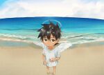  18arumik_4 angel angel_wings bangs barefoot beach black_hair blush cloud cloudy_sky collarbone dark-skinned_male dark_skin from_above full_body grabbing hair_between_eyes halo holding long_bangs looking_at_viewer looking_up loose_clothes loose_shirt male_child nose_blush ocean original sad shirt short_sleeves sky spiked_hair standing t-shirt tan tanlines tearing_up white_shirt wings 