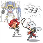  2girls adepta_sororitas anger_vein bangs black_hairband bolter chibi english_commentary english_text full_body gun gundam gundam_suisei_no_majo hairband highres holding holding_gun holding_weapon holding_whip imperial_knight long_hair looking_at_another looking_back mick19988 miorine_rembran multiple_girls parody red_hair shadow speech_bubble suletta_mercury sweatdrop titan_(warhammer_40k) warhammer_40k weapon whip 