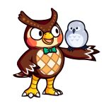  2020 ambiguous_gender animal_crossing anthro avian bird blathers_(animal_crossing) bow_tie brown_body carrying_another duo feral green_bow_tie grey_body guywiththepie looking_at_another male nintendo nude owl simple_background smile video_games white_background 