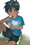  18arumik_4 1boy bangs black_hair black_shorts blue_shirt blush brown_eyes chewing closed_mouth commentary dark-skinned_male dark_skin food food_bite gradient_shirt hair_between_eyes holding holding_food long_bangs male_child nose_blush original raised_eyebrows shirt short_sleeves shorts shorts_tan snack spiked_hair t-shirt tan tanlines tatami two-tone_background white_background 