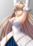  1girl archetype_earth arcueid_brunestud arms_up blonde_hair breasts cleavage closed_mouth cowboy_shot detached_sleeves dress grey_background hair_intakes highres large_breasts long_hair looking_at_viewer melty_blood red_eyes smile solo standing strapless tsukihime white_dress yuuk33 