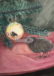  2022 3_toes absurd_res ambiguous_gender avian beak biped bird brown_body brown_fur christmas christmas_tree duo feet feral fur hi_res holidays inside kiwi_(bird) open_beak open_mouth ornament plant ratite shaded side_view standing telo_miriam toes tree 