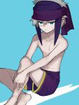  1boy aqua_eyes artist_name closed_mouth collarbone crossed_ankles furrowed_brow grey_hair hair_between_eyes hero_(merc_storia) highres holding_leg jitome key_961 legs male_child male_focus merc_storia navel purple_bandana purple_shorts shorts sitting sweatdrop topless_male two-tone_background 