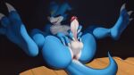  16:9 3_toes 4_fingers anthro anus bandai_namco bedroom_eyes blue_body blue_scales blue_skin butt claws cute_fangs digimon digimon_(species) digitigrade feet fingers flamedramon genitals hand_on_own_penis hand_on_penis hi_res legs_in_air looking_at_viewer lying male male_focus narrowed_eyes nude on_back penis presenting presenting_anus presenting_hindquarters rajii scales seductive smile solo solo_focus toes widescreen 