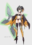  1girl black_hair blonde_hair character_request chaya_mago choker commentary_request cosplay detached_sleeves duel_monster full_body fuuma_shuriken gradient_hair green_eyes harpy highres holding holding_shuriken holding_weapon monster_girl multicolored_hair revealing_clothes s-force_rappa_chiyomaru shoes solo thighhighs weapon winged_arms wings yu-gi-oh! yu-gi-oh!_duel_monsters 