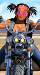  1girl arung_samudra_(cessa) bandana blue_eyes blue_sky breasts cessa cleavage cloud cloudy_sky dark-skinned_female dark_skin ground_vehicle looking_at_viewer motor_vehicle motorcycle ombok_diving_and_delivery_services one_eye_closed outdoors parted_lips pink-tinted_eyewear red_bandana short_twintails skull sky solo tinted_eyewear twintails vest 