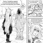  1:1 absurd_res arknights baalbuddy clothed clothing comic duo english_text female hair hi_res horn horned_humanoid human humanoid humanoid_pointy_ears humor hypergryph male mammal monochrome not_furry shining_(arknights) studio_montagne text video_games 