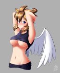  1girl angel angel_wings bike_shorts blue_eyes breasts brown_hair datensip genderswap genderswap_(mtf) highres kid_icarus kid_icarus_uprising navel nintendo pit_(kid_icarus) short_hair spiked_hair wings 