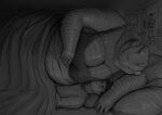  2022 anthro anthro_on_top bed_sheet bedding big_breasts biped blush breasts claws crocodile crocodilian crocodylid digital_media_(artwork) doctordj duo female female_on_top finger_claws greyscale hi_res huge_breasts human human_on_bottom male male_on_bottom mammal monochrome on_bottom on_top overweight overweight_anthro overweight_female pillow reptile scalie sleeping 