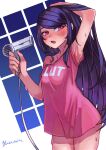  1girl adjusting_hair arm_above_head armpits artist_name black_hair blush breasts clothes_writing commentary hair_dryer hakai_no_ika highres jill_stingray long_hair looking_to_the_side medium_breasts night off_shoulder open_mouth pink_shirt red_eyes see-through see-through_shirt shirt signature sky slut_shirt solo standing star_(sky) starry_sky va-11_hall-a wet window 