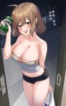  1girl absurdres ahoge angdo_(kakajo26) anis_(nikke) bag bare_arms black_shorts breasts brown_hair can cleavage collarbone cowboy_shot doorway goddess_of_victory:_nikke grey_shirt hair_between_eyes highres holding holding_bag holding_can large_breasts looking_at_viewer navel open_mouth plastic_bag shirt short_hair short_shorts shorts smile solo standing teeth upper_teeth yellow_eyes 