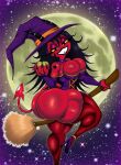  2022 apple armwear bedroom_eyes big_breasts big_butt black_hair black_pupils breasts broom broom_riding bubble_butt bulging_breasts butt choker claws cleaning_tool cleavage cleavage_overflow clothed clothing curvaceous curvy_figure demon demon_humanoid detailed_background digital_drawing_(artwork) digital_media_(artwork) drawsfigures elbow_gloves eyelashes eyeliner eyeshadow female fingerless_gloves fingers fishnet fishnet_legwear footwear gloves hair halloween handwear hat headgear headwear helluva_boss hi_res high_heels holidays horn horned_humanoid hourglass_figure huge_butt humanoid imp jewelry legwear leotard long_hair long_tail looking_at_viewer magic_user makeup millie_(helluva_boss) moon narrowed_eyes necklace night outside pupils red_body red_skin seductive small_waist smile solo spade_tail teeth thick_thighs thigh_highs tooth_gap voluptuous wide_hips witch witch_costume witch_hat yellow_sclera 