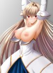  1girl archetype_earth arcueid_brunestud arms_up blonde_hair breasts cleavage closed_mouth cowboy_shot detached_sleeves dress frown grey_background hair_intakes highres large_breasts long_hair looking_at_viewer melty_blood nipples red_eyes solo standing strapless tsukihime white_dress yuuk33 