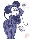  2022 anthro big_breasts black_nose bottomwear bow_accessory breasts cleavage clothed clothing dialogue digital_drawing_(artwork) digital_media_(artwork) disney female hi_res irregular_fetishes leaning leaning_forward mammal minnie_mouse monochrome mouse murid murine one_eye_closed open_mouth pants rodent shirt simple_background solo standing topwear white_background 