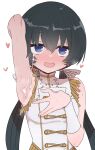  1girl arm_up armpits bare_shoulders black_hair blue_eyes cum cum_on_armpits cum_on_body cum_on_hair hair_between_eyes hair_ribbon heart idoly_pride long_hair looking_at_viewer okuyama_sumire open_mouth ribbon simple_background smile solo sumiyao_(amam) twintails upper_body white_background white_ribbon 