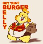  animal_crossing anthro belly big_belly burger canid canine canis chubby_cheeks clothing domestic_dog fast_food fawxen female food food_bag hi_res isabelle_(animal_crossing) mammal nintendo obese obese_female overweight overweight_anthro overweight_female shih_tzu solo text thick_thighs toy_dog video_games weight_gain 