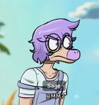  anthro clothed clothing dinosaur dromaeosaurid english_text eyewear glasses goodbye_volcano_high hair humor jojo&#039;s_bizarre_adventure long_snout low_res male multicolored_body overalls purple_hair reaction_image reptile sage_(gvh) scalie seven_(artist) snoot_game_(fan_game) snout solo text theropod two_tone_body velociraptor video_games wide_eyed 