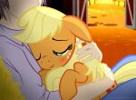  2014 applejack_(mlp) barn blonde_hair blush cuddling cutie_mark daww digital_media_(artwork) duo earth_pony embrace equid equine female female_focus feral feral_focus floppy_ears freckles friendship_is_magic green_eyes hair hasbro hay holding_another horse hug human interspecies lidded_eyes male male/female mammal my_little_pony on_model one_eye_closed orange_body petting pony ponyecho smile solo_focus sunset wink 