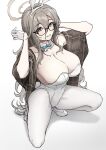  1girl absurdres akane_(blue_archive) akane_(bunny)_(blue_archive) animal_ears black-framed_eyewear blue_archive blush breasts brown_shawl cleavage collarbone detached_sleeves fake_animal_ears full_body glasses gloves grey_hair hair_between_eyes halo high_heels highres large_breasts long_hair looking_at_viewer pantyhose plaid_shawl playboy_bunny rabbit_ears rabbit_tail shawl simple_background smile solo spread_legs squatting tail ushimochi very_long_hair white_background white_footwear white_gloves white_pantyhose 
