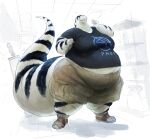  2022 anthro belly big_belly big_tail bottomwear california_kingsnake cettus clothing female footwear hi_res inside maeve_gibson obese obese_anthro obese_female overweight overweight_anthro overweight_female pants reptile scalie shirt shoes shorts simple_background snake solo standing striped_body stripes thick_thighs topwear white_body white_skin 