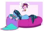  &lt;3 absurd_res be bed blush cellphone chibi doodlemark equid equine furniture green_eyes hasbro hi_res hooves horn leg_markings mammal markings misty_(g5) mlp_g5 my_little_pony on_bed one_eye_closed pegasus phone pipp_petals_(mlp) smartphone socks_(marking) thought_bubble unicorn wings wink 