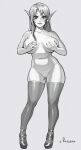  1girl biting breasts contrapposto covering covering_breasts earrings full_body grey_background greyscale highres jewelry large_breasts lip_biting looking_at_viewer monochrome navel nude original pointy_ears pussy roxxxan sagging_breasts seductive_smile shoes signature simple_background smile solo thighhighs 
