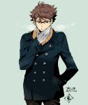  1boy black_coat black_pants brown_eyes brown_hair coat cowboy_shot cupi gloves grey_gloves haikyuu!! hand_in_pocket hand_on_own_face looking_at_viewer male_focus oikawa_tooru_(haikyuu!!) orange_scarf pants plaid plaid_scarf scarf smile standing 