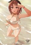  1girl :d absurdres adjusting_hair artist_logo atelier_(series) atelier_ryza beach bikini black_hairband braid breasts brown_eyes brown_hair cleavage from_above hairband highres kaos_art large_breasts looking_at_viewer partially_submerged reisalin_stout short_hair smile solo swimsuit white_bikini 