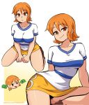  1girl blush breasts brown_eyes closed_mouth dashi highres large_breasts looking_at_viewer money multiple_views nami_(one_piece) one_piece orange_hair seiza shirt short_hair short_sleeves sitting skirt smile yellow_skirt 