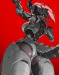  1girl absurdres arm_up ass breasts colored_skin doll_joints fangs frandre92 grey_skin highres humanoid_robot joints looking_at_viewer looking_back mecha_musume original ponytail red_background red_eyes robot robot_girl tail 