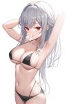  1girl arknights armpits arms_up bangs bare_arms bare_shoulders bikini black_bikini breasts collarbone commentary_request cow grey_hair hair_intakes highres large_breasts long_hair looking_at_viewer navel nido_(sebamaster) no_headwear parted_lips partial_commentary red_eyes sidelocks simple_background skadi_(arknights) solo standing stomach swimsuit very_long_hair white_background 