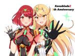 2girls absurdres anniversary bangs black_gloves blonde_hair breasts chest_jewel cleavage fingerless_gloves gloves hand_on_another&#039;s_shoulder highres hip_vent large_breasts looking_at_viewer multiple_girls mythra_(xenoblade) navel pyra_(xenoblade) reason3_s red_eyes red_hair smile tiara waving white_gloves xenoblade_chronicles_(series) xenoblade_chronicles_2 yellow_eyes 