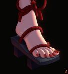  1girl absurdres artist_logo barefoot black_background english_commentary feet feet_only foot_focus genshin_impact geta highres mohoshadream nail_polish platform_footwear red_nails red_rope rope sandals shadow shiny shiny_skin solo toenail_polish toenails toes yoimiya_(genshin_impact) 